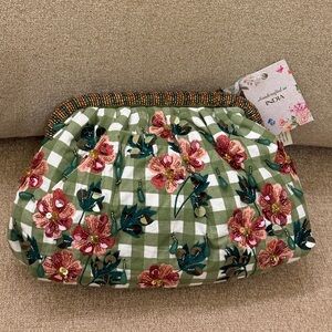 NWT Made in India Floral Flower Gingham Green White Multicolor Tassel Beaded Bag